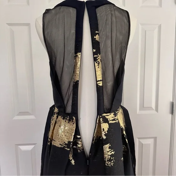 Alberto Makali Elegant Navy Gold V-Neck Sheer Back Wedding Guest Dress Size 6 - Picture 7 of 15